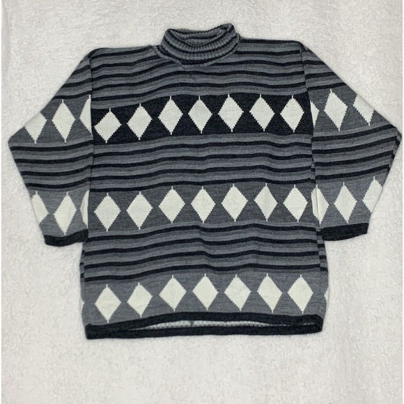 Spunky Sweaters - Spunky Sweater Black Gray Adult Medium Knit Long Sleeve Diamond Pattern Womans